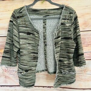 American Rag Green Camo Distressed Fringe Studded Open Front 3/4 Sleeve Jacket